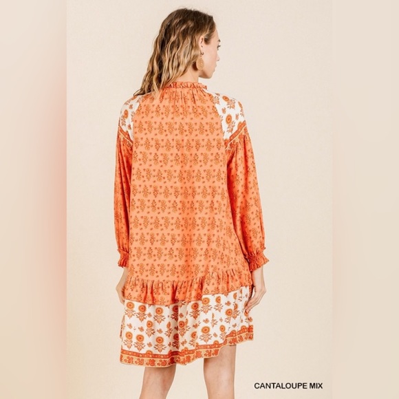 Umgee | Floral Long Puff Sleeve Keyhole Dress Ruffle Hem Tassel Tie Tiered Boho - Picture 10 of 16